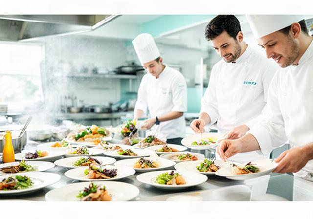 Catering team preparing plated dishes in a bright Harrow kitchen