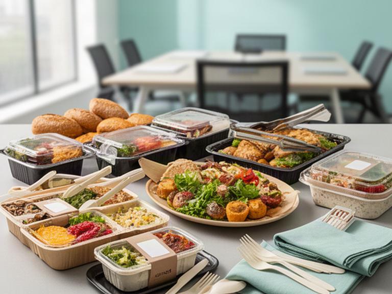 Packed buffet trays and labelled lunch boxes arranged for delivery to a London office