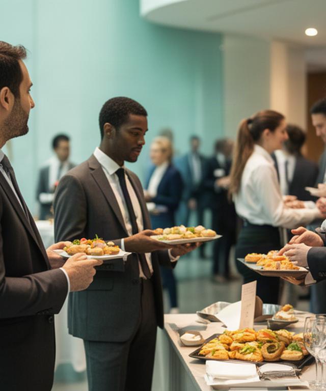 Catered networking reception with canapes, standing guests and a staffed service table in a London event venue