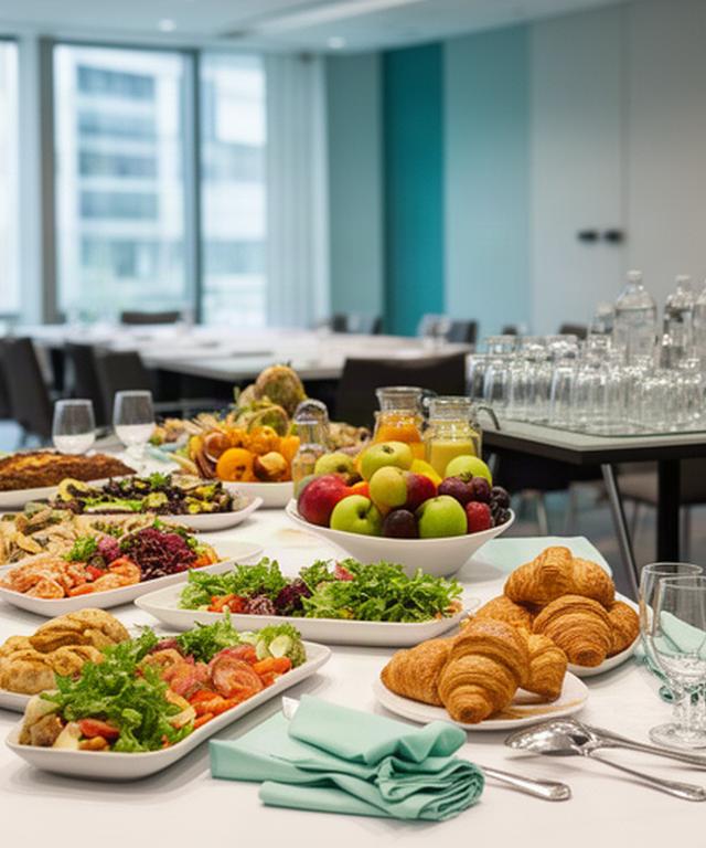 Conference buffet with labelled dishes, fresh fruit and water station in a London meeting venue