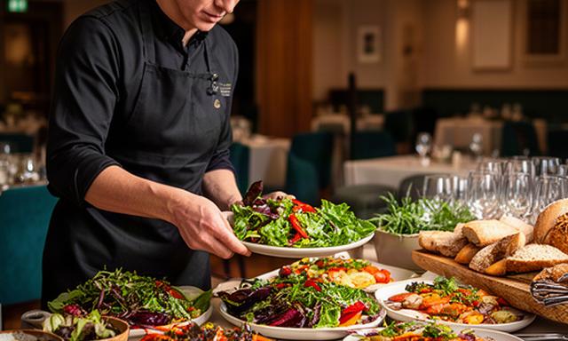 Caterer arranging colourful buffet dishes at a warmly lit Harrow event venue