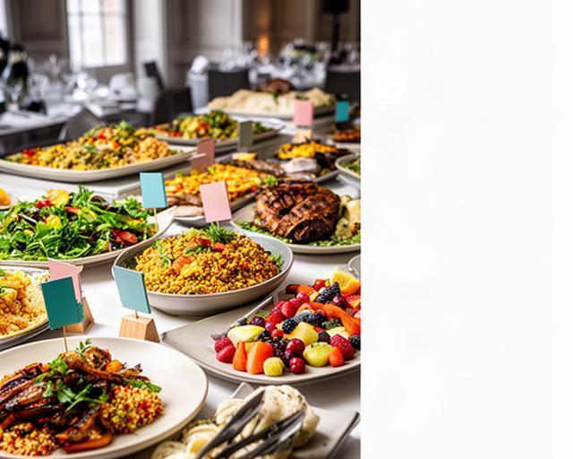 Colourful inclusive buffet with labelled halal, vegan and gluten-free dishes at a London event
