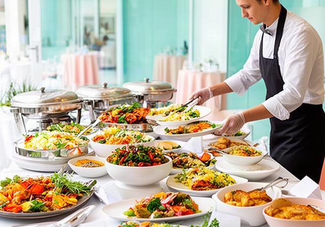 Caterer arranging colourful buffet dishes at a bright Harrow event venue