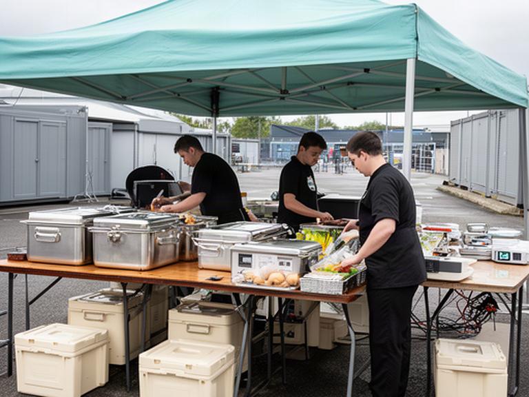 Mobile catering team setting up a covered food station beside a temporary production location