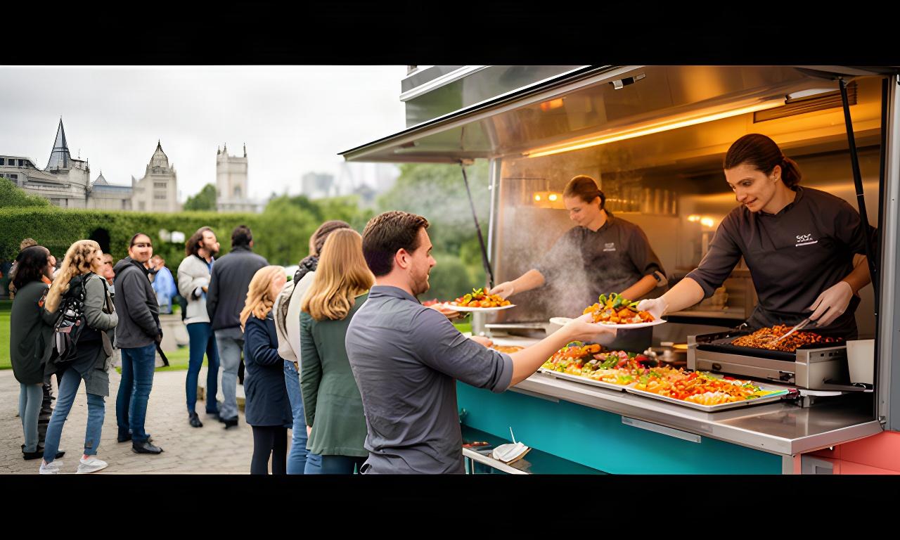 Caterers serving fresh street food from a mobile kitchen at an outdoor London event