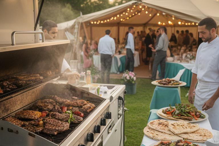 Mobile kitchen serving grilled wedding food beside a marquee reception in North-West London