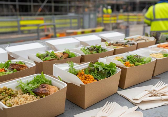 Individually labelled packaged meals and disposable cutlery prepared for a London construction site