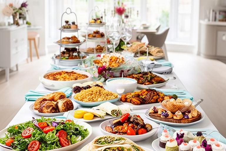 Colourful private party buffet arranged on a long table in a bright Harrow home